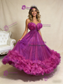Ball Gown Fuchsia Pearls Tulle Prom Dress
