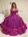 Ball Gown Fuchsia Pearls Tulle Prom Dress