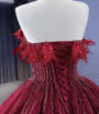 Luxury Burgundy Tulle Strapless Beading Feather Prom Dress