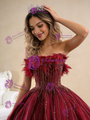 Luxury Burgundy Tulle Strapless Beading Feather Prom Dress