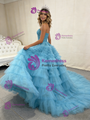 Light Blue Tulle Beading Strapless Tiers Pleats Prom Dress