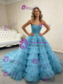 Light Blue Tulle Beading Strapless Tiers Pleats Prom Dress
