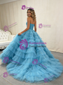 Light Blue Tulle Beading Strapless Tiers Pleats Prom Dress