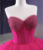Fuchsia Tulle Sweetheart Neck Pearls Prom Dress