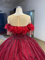 Burgundy Ball Gown Short Sleeve Beading Feather Prom Dress