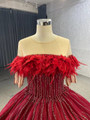 Burgundy Ball Gown Short Sleeve Beading Feather Prom Dress