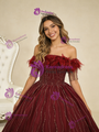 Burgundy Ball Gown Short Sleeve Beading Feather Prom Dress