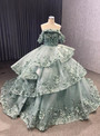 Green Tulle Off the Shoulder 3D Appliques Prom Dress
