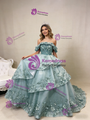 Green Tulle Off the Shoulder 3D Appliques Prom Dress