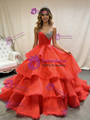 Watermelon Red Strapless Tulle Tiers Pleats Prom Dress