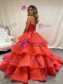 Watermelon Red Strapless Tulle Tiers Pleats Prom Dress