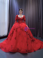 Red Long Sleeve Tulle Sequins Appliques Prom Dress