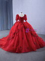 Red Long Sleeve Tulle Sequins Appliques Prom Dress
