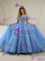 Blue Tulle Off the Shoulder Sequins Appliques Prom Dress