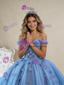 Blue Tulle Off the Shoulder Sequins Appliques Prom Dress