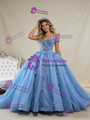 Blue Tulle Off the Shoulder Sequins Appliques Prom Dress