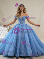 Blue Tulle Off the Shoulder Sequins Appliques Prom Dress