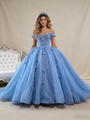 Blue Tulle Off the Shoulder Sequins Appliques Prom Dress