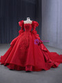 Red Long Sleeve Backless 3D Appliques Prom Dress