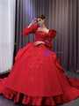 Red Long Sleeve Backless 3D Appliques Prom Dress