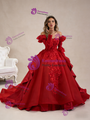Red Long Sleeve Backless 3D Appliques Prom Dress