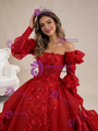 Red Long Sleeve Backless 3D Appliques Prom Dress
