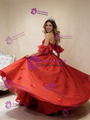 Red Tulle Sequins Strapless 3D Flower Prom Dress