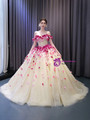 Champagne Tulle Sequins 3D Flower Beading Prom Dress