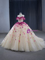 Champagne Tulle Sequins 3D Flower Beading Prom Dress
