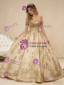 Gold Tulle Sequins Off the Shoulder Pleats Pearls Prom Dress