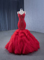 Red Mermaid Lace Spaghetti Straps Beading Prom Dress