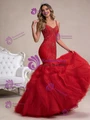Red Mermaid Lace Spaghetti Straps Beading Prom Dress