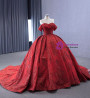 Vintage Red Tulle Sequins Off the Shoulder Pearls Prom Dress