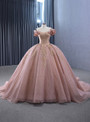 Pink Tulle Sequins Off the Shoulder Beading Appliques Prom Dress