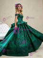 Green Satin Off the Shoulder Sequins Appliques Prom Dress
