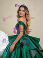 Green Satin Off the Shoulder Sequins Appliques Prom Dress