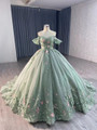 Green Ball Gown Tulle Sequins 3D Flower Prom Dress