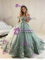 Green Ball Gown Tulle Sequins 3D Flower Prom Dress