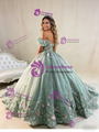 Green Ball Gown Tulle Sequins 3D Flower Prom Dress