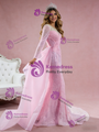 Sexy Pink Mermaid Long Sleeve Pearls Prom Dress