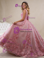 Pink Tulle High Neck Cap Sleeve Appliques Prom Dress