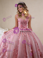Pink Tulle High Neck Cap Sleeve Appliques Prom Dress