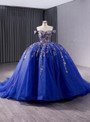 Royal Blue Ball Gown Tulle Appliques Off the Shoulder Prom Dress