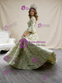 Yellow Green Satin Long Sleeve Tiers Prom Dress