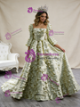 Yellow Green Satin Long Sleeve Tiers Prom Dress