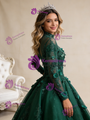 Green Tulle Sequins Long Sleeve Backless Prom Dress