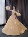 Champagne Tulle Sequins Strapless Prom Dress 