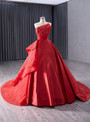Red Satin Strapless Beading Sequins Prom Dress