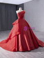 Red Satin Strapless Beading Sequins Prom Dress