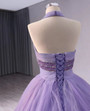 Purple Tulle Halter Pleats Beading Prom Dress